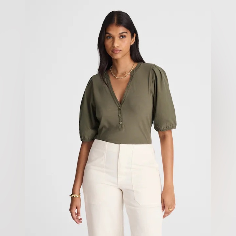 Madewell Olive Puff-Sleeve Henley Knit Top.  NWT SIZE M